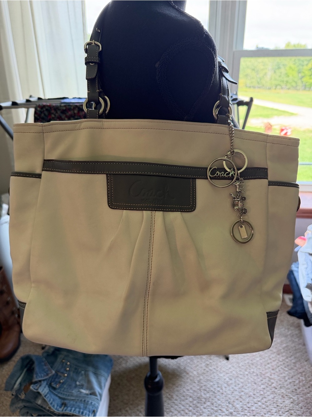 Coach Cream Shoulder Bag with Gray trim. Violet Lined Interior